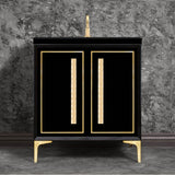 Linkasink - LINEA with 18'' Artisan Glass Pyramid Hardware 30'' Wide Vanity, Black, Satin Brass Hardware, 30'' x 22'' x 33.5'' (without vanity top) - Satin Brass with Ã‰glomisÃ© Pyramid Glass