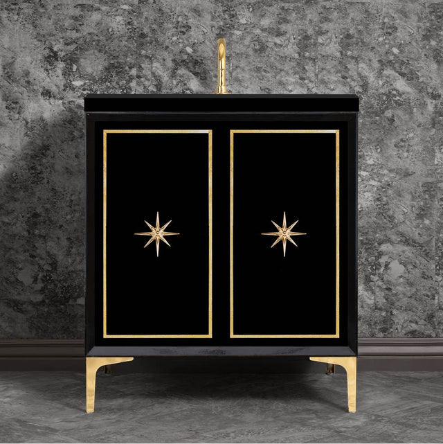 Linkasink - Linea with 3'' Polished Brass Star Hardware, 30'' Wide Vanity, Black, 30'' x 22'' x 33.5'' (without vanity top) - Polished Brass