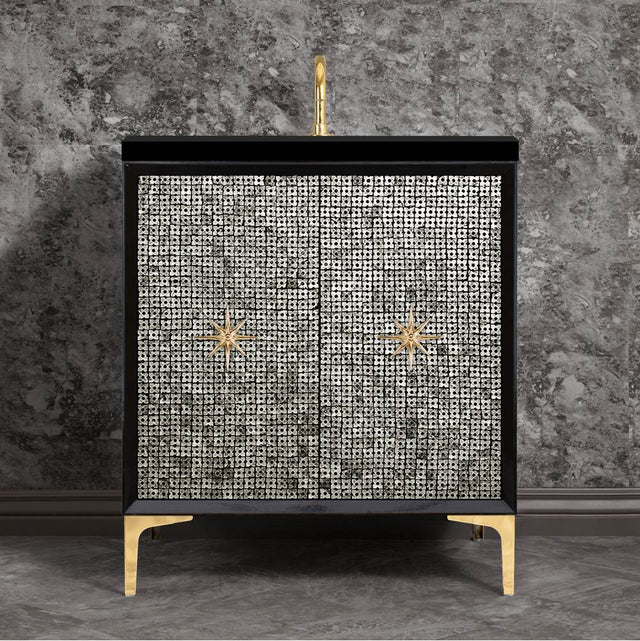 Linkasink - Mother of Pearl with 3'' Polished Brass Star Hardware, 30'' Wide Vanity, Black, 30'' x 22'' x 33.5'' (without vanity top) - Polished Brass