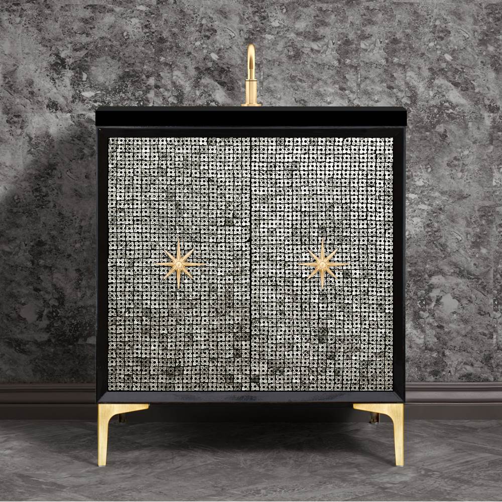 Linkasink - Mother of Pearl with 3'' Satin Brass Star Hardware, 30'' Wide Vanity, Black, 30'' x 22'' x 33.5'' (without vanity top) - Satin Brass
