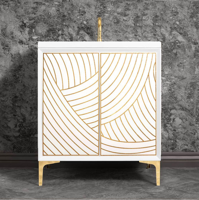 Linkasink - Lateen 30'' Wide White Vanity with Hand Applied Metal Leaf and Polished Brass Hardware - White with Polished Brass Hardware