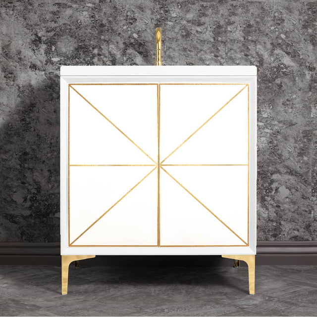 Linkasink - Divergence 30'' Wide White Vanity with Hand Applied Metal Leaf and Polished Brass Hardware - White with Polished Brass Hardware