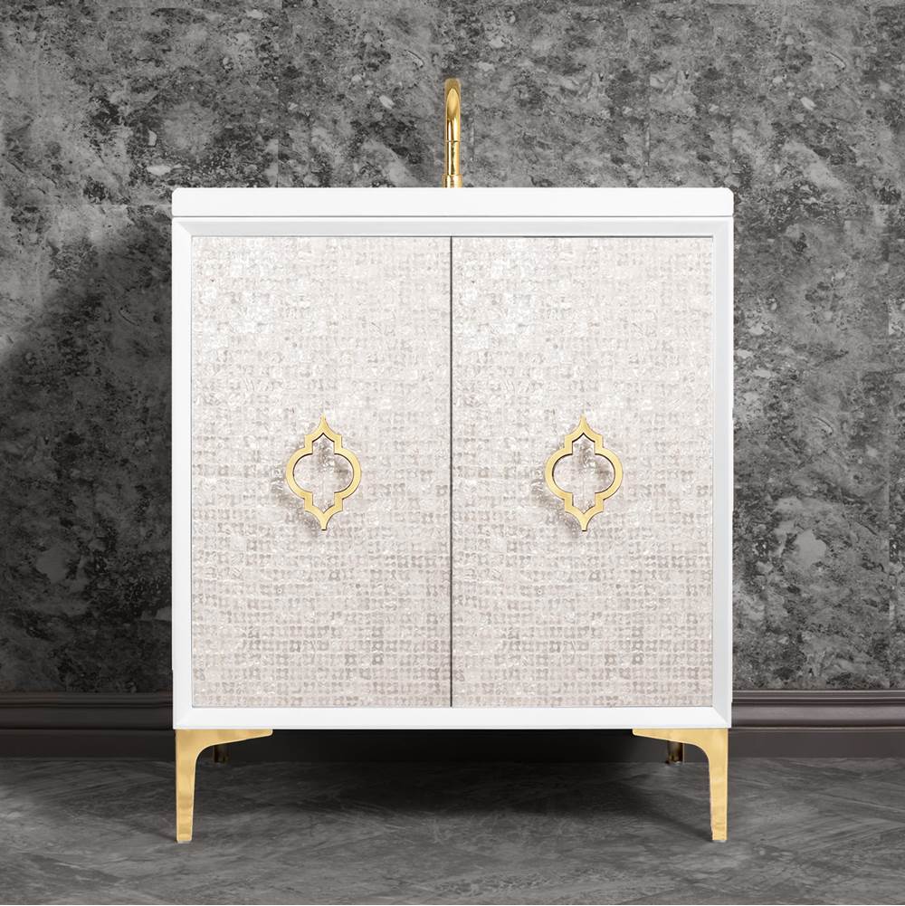 Linkasink - Mother of Pearl 30'' Wide White Vanity with Polished Brass Arabesque Pull and Hardware - White with Polished Brass Hardware