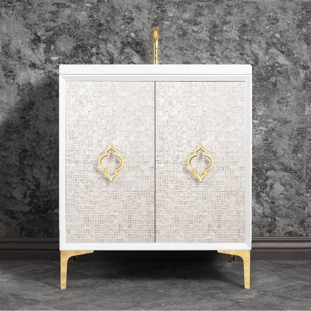 Linkasink - Mother of Pearl 30'' Wide White Vanity with Polished Brass Arabesque Pull and Hardware - White with Polished Brass Hardware
