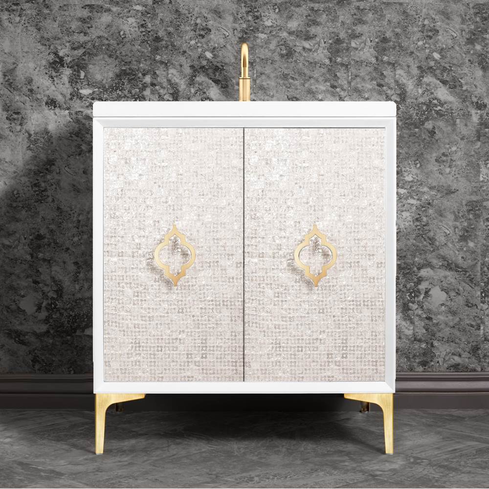 Linkasink - Mother of Pearl 30'' Wide White Vanity with Satin Brass Arabesque Pull and Hardware - White with Satin Brass Hardware