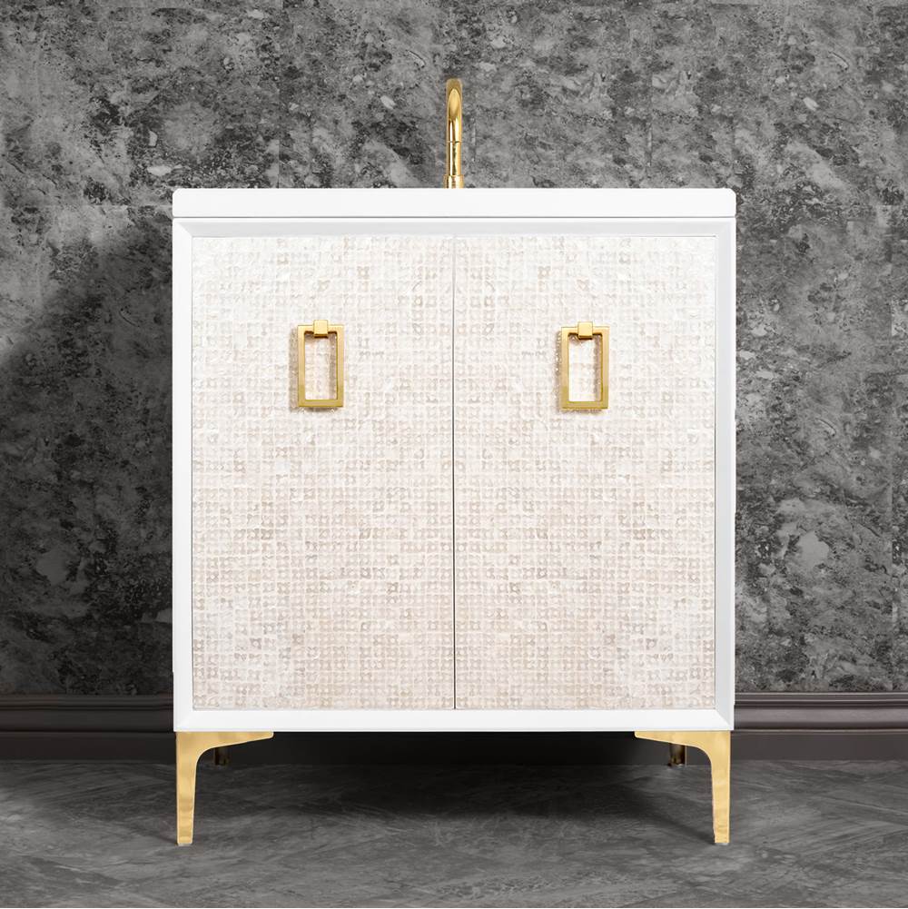 Linkasink - Mother of Pearl 30'' Wide White Vanity with Polished Brass Coach Pull and Hardware - White with Polished Brass Hardware