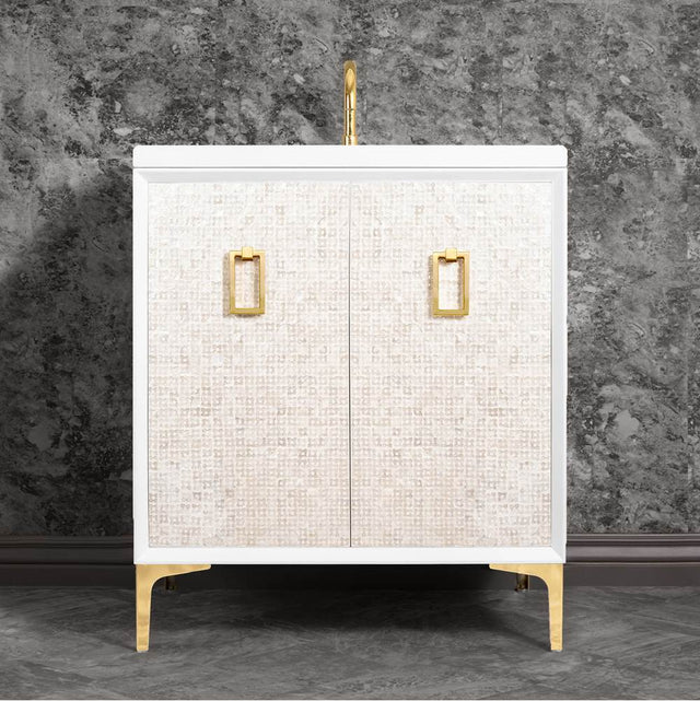 Linkasink - Mother of Pearl 30'' Wide White Vanity with Polished Brass Coach Pull and Hardware - White with Polished Brass Hardware