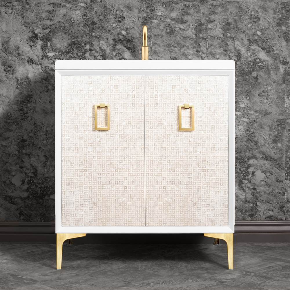 Linkasink - Mother of Pearl 30'' Wide White Vanity with Satin Brass Coach Pull and Hardware - White with Satin Brass Hardware
