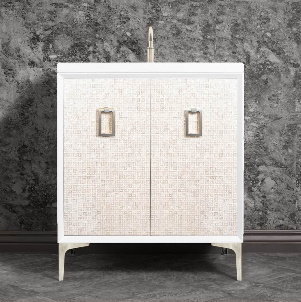 Linkasink - Mother of Pearl 30'' Wide White Vanity with Satin Nickel Coach Pull and Hardware - White with Satin Nickel Hardware