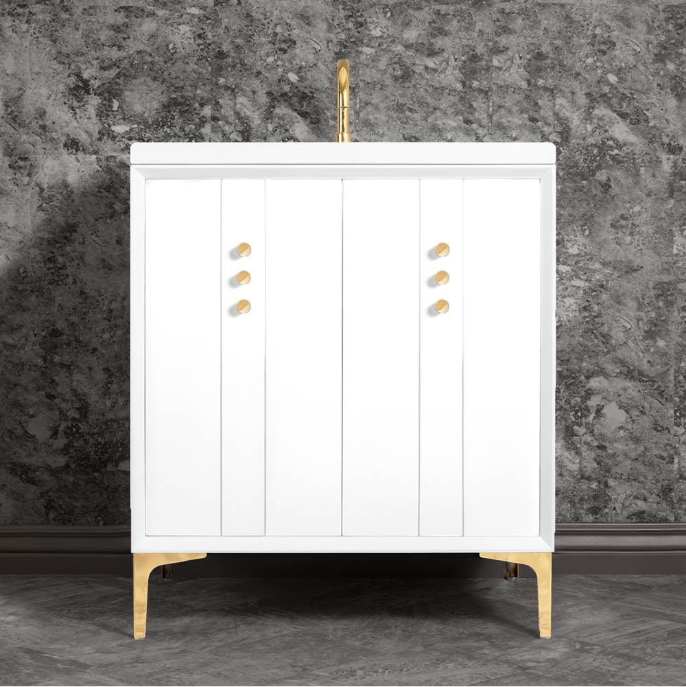 Linkasink - Tuxedo 30'' Wide White Vanity with Polished Brass Buttons and Hardware - White with Polished Brass Hardware