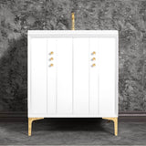 Linkasink - Tuxedo 30'' Wide White Vanity with Polished Brass Buttons and Hardware - White with Polished Brass Hardware
