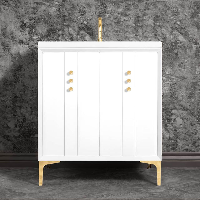 Linkasink - Tuxedo 30'' Wide White Vanity with Polished Brass Buttons and Hardware - White with Polished Brass Hardware