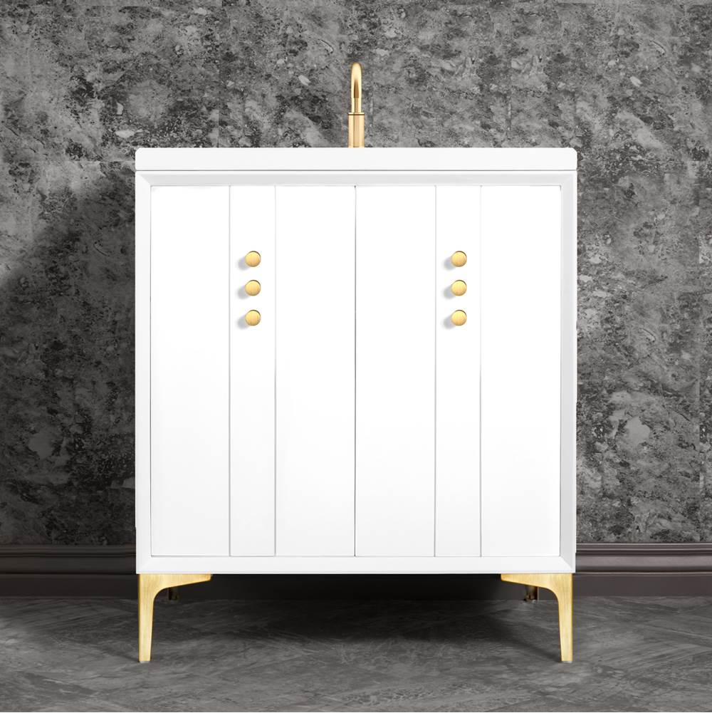 Linkasink - Tuxedo 30'' Wide White Vanity with Satin Brass Buttons and Hardware - White with Satin Brass Hardware