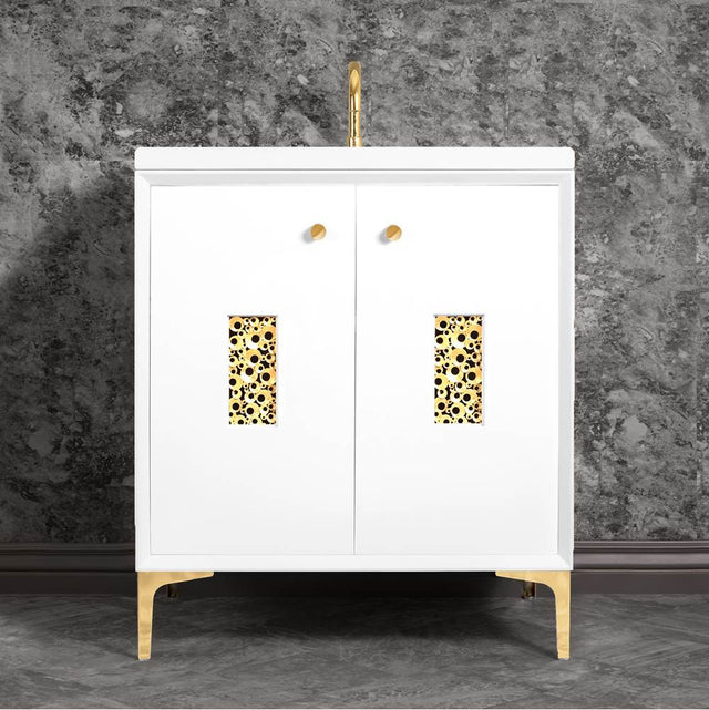 Linkasink - Frame 30'' Wide White Vanity with Polished Brass Coral Grate and Legs - White with Polished Brass Hardware