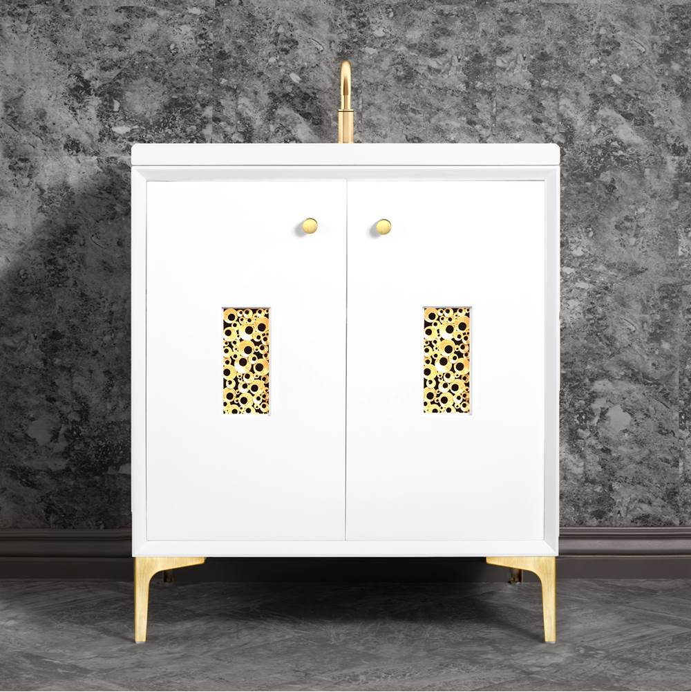 Linkasink - Frame 30'' Wide White Vanity with Satin Brass Coral Grate and Legs - White with Satin Brass Hardware