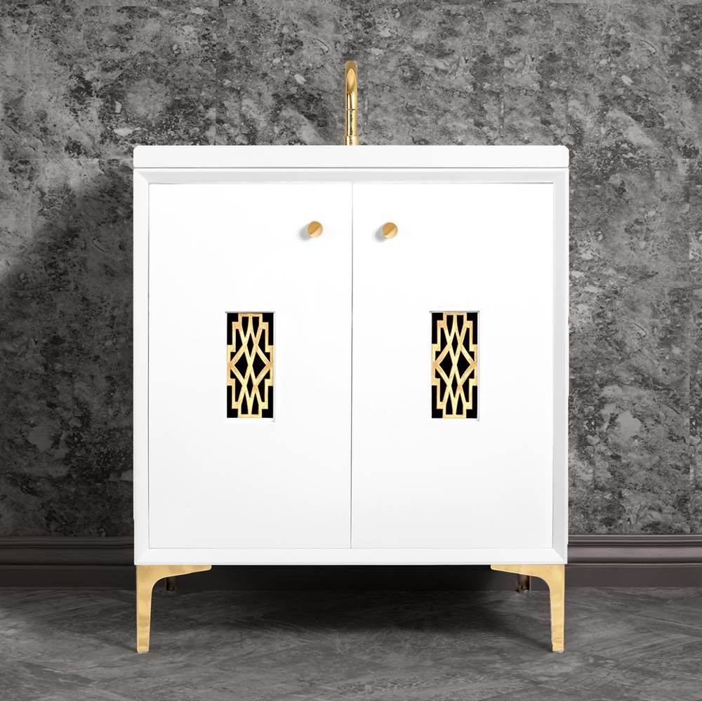 Linkasink - Frame 30'' Wide White Vanity with Polished Brass Deco Grate and Legs - White with Polished Brass Hardware