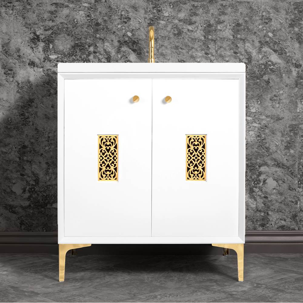 Linkasink - Frame 30'' Wide White Vanity with Polished Brass Filigree Grate and Legs - White with Polished Brass Hardware