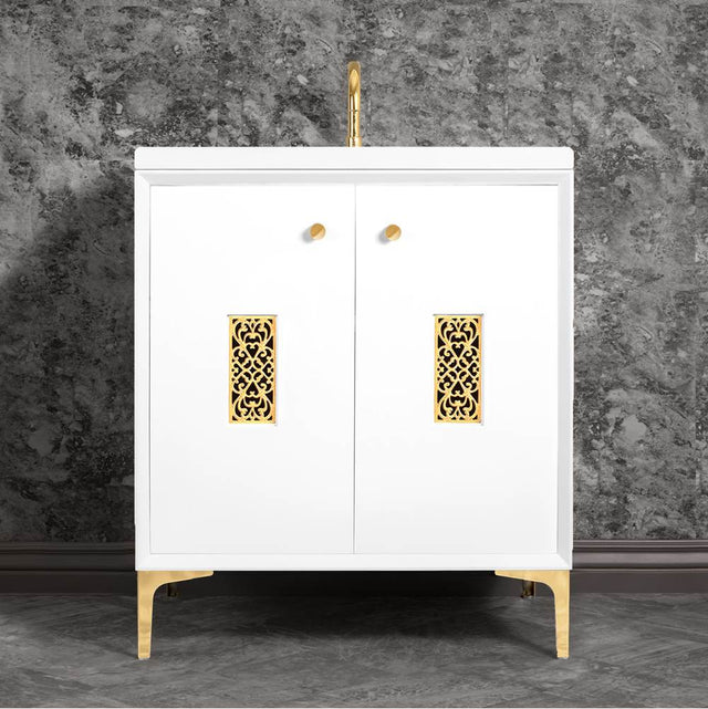 Linkasink - Frame 30'' Wide White Vanity with Polished Brass Filigree Grate and Legs - White with Polished Brass Hardware