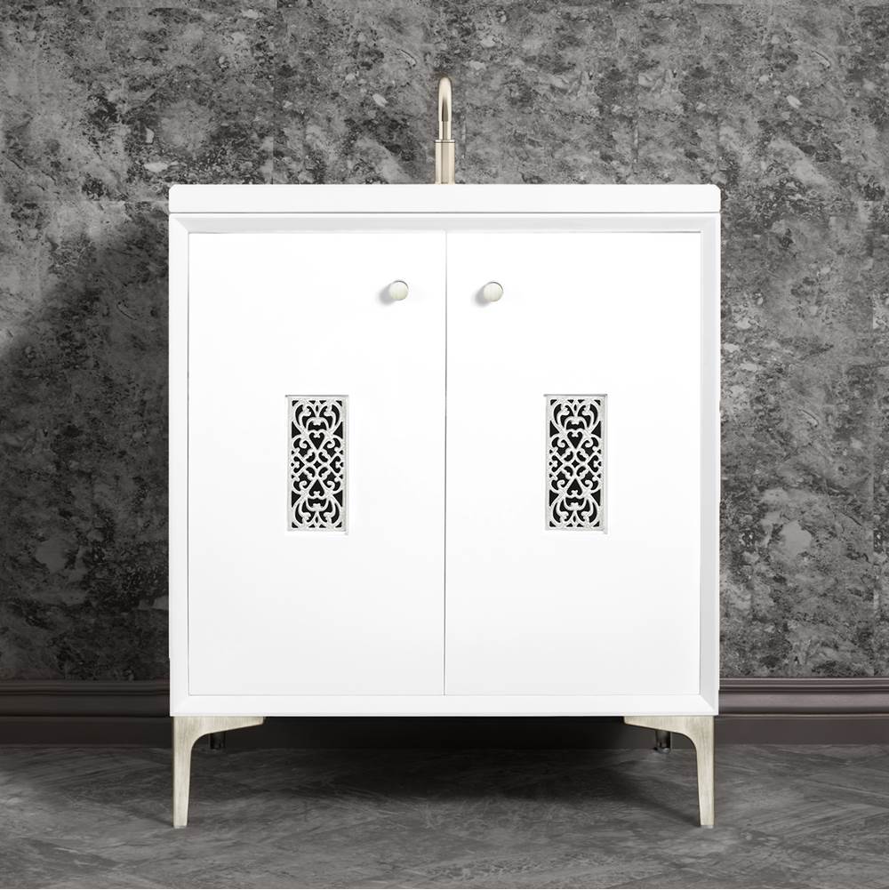 Linkasink - Frame 30'' Wide White Vanity with Satin Nickel Filigree Grate and Legs - White with Satin Nickel Hardware
