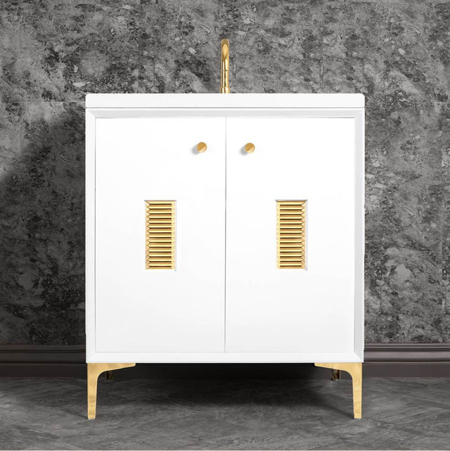 Linkasink - Frame 30'' Wide White Vanity with Polished Brass Louver Grate and Legs - White with Polished Brass Hardware