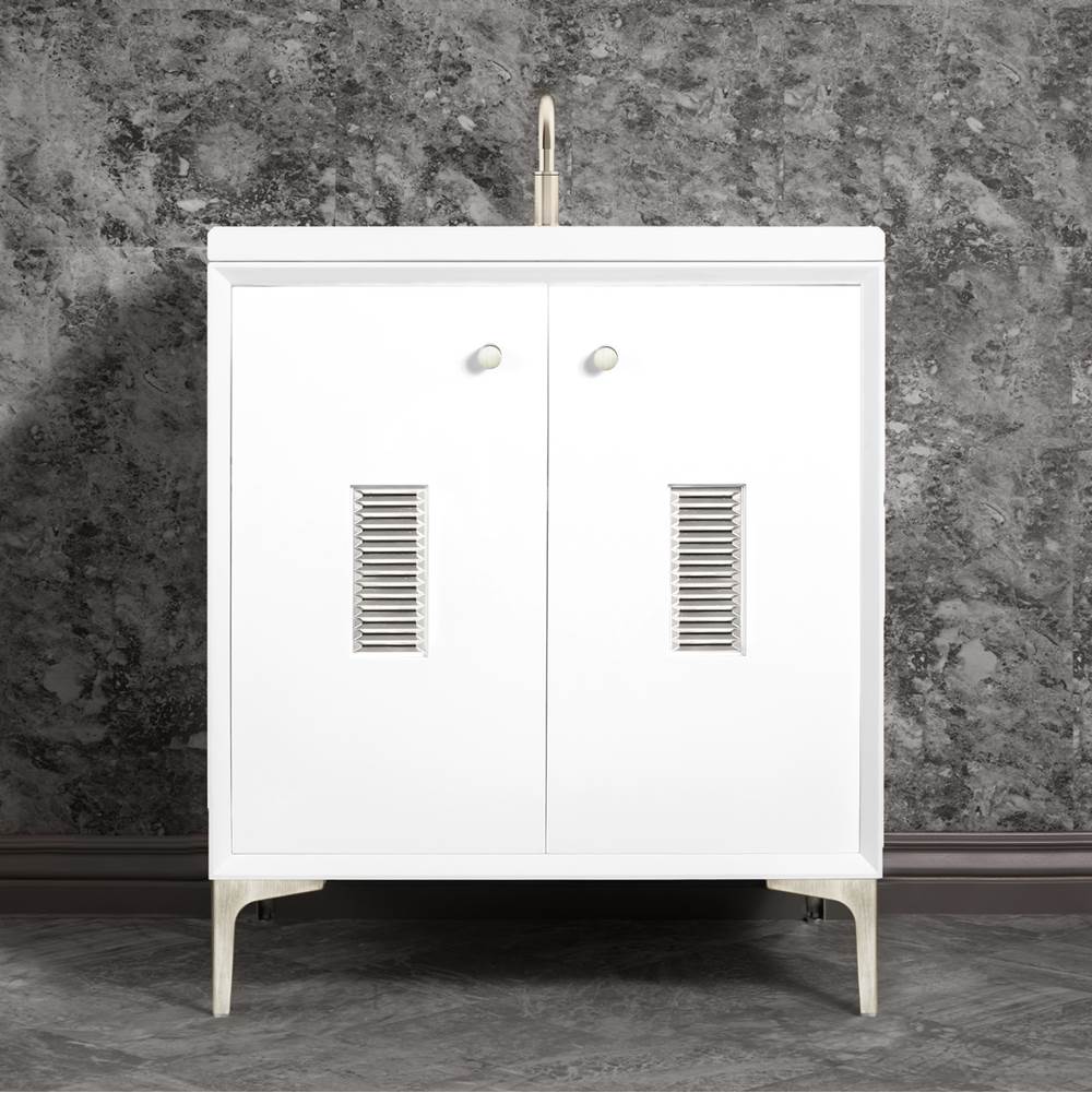 Linkasink - Frame 30'' Wide White Vanity with Satin Nickel Louver Grate and Legs - White with Satin Nickel Hardware