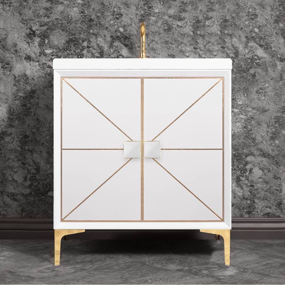 Linkasink - DIVERGENCE with Artisan Glass Hardware 30'' Wide Vanity, White, Polished Brass Hardware, 30'' x 22'' x 33.5'' (without vanity top) - Polished Brass with White Glass