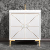 Linkasink - DIVERGENCE with Artisan Glass Hardware 30'' Wide Vanity, White, Polished Brass Hardware, 30'' x 22'' x 33.5'' (without vanity top) - Polished Brass with White Glass