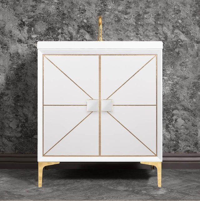Linkasink - DIVERGENCE with Artisan Glass Hardware 30'' Wide Vanity, White, Polished Brass Hardware, 30'' x 22'' x 33.5'' (without vanity top) - Polished Brass with White Glass