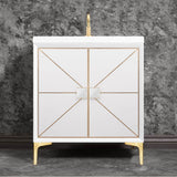Linkasink - DIVERGENCE with Artisan Glass Hardware 30'' Wide Vanity, White, Satin Brass Hardware, 30'' x 22'' x 33.5'' (without vanity top) - Satin Brass with White Glass