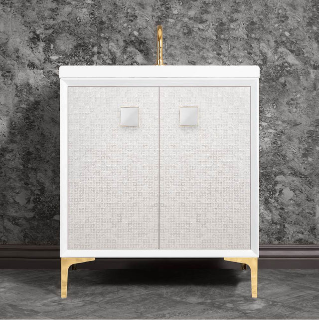 Linkasink - MOTHER OF PEARL with 3'' Artisan Glass Prism Hardware 30'' Wide Vanity, White, Polished Brass Hardware, 30'' x 22'' x 33.5'' (without vanity top) - Polished Brass with White Prism Glass