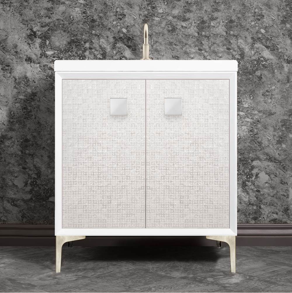 Linkasink - MOTHER OF PEARL with 3'' Artisan Glass Prism Hardware 30'' Wide Vanity, White, Satin Nickel Hardware, 30'' x 22'' x 33.5'' (without vanity top) - Satin Nickel with White Prism Glass