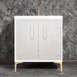 Linkasink - MOTHER OF PEARL with 8'' Artisan Glass Prism Hardware 30'' Wide Vanity, White, Polished Brass Hardware, 30'' x 22'' x 33.5'' (without vanity top) - Polished Brass with White Prism Glass