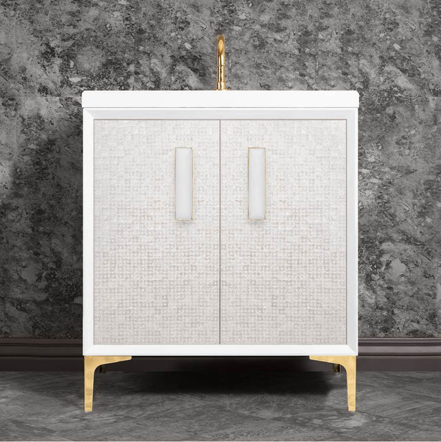 Linkasink - MOTHER OF PEARL with 8'' Artisan Glass Prism Hardware 30'' Wide Vanity, White, Polished Brass Hardware, 30'' x 22'' x 33.5'' (without vanity top) - Polished Brass with White Prism Glass