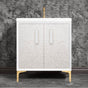 Linkasink - MOTHER OF PEARL with 8'' Artisan Glass Prism Hardware 30'' Wide Vanity, White, Polished Brass Hardware, 30'' x 22'' x 33.5'' (without vanity top) - Polished Brass with White Prism Glass
