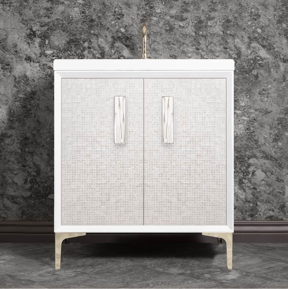 Linkasink - MOTHER OF PEARL with 8'' Artisan Glass Prism Hardware 30'' Wide Vanity, White, Polished Nickel Hardware, 30'' x 22'' x 33.5'' (without vanity top) - Polished Nickel with White Tiger Prism Glass