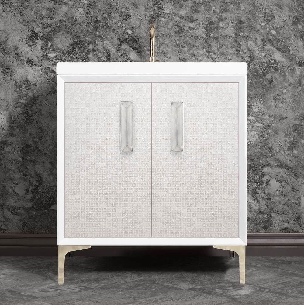 Linkasink - MOTHER OF PEARL with 8'' Artisan Glass Prism Hardware 30'' Wide Vanity, White, Polished Nickel Hardware, 30'' x 22'' x 33.5'' (without vanity top) - Polished Nickel with Ã‰glomisÃ© Prism Glass