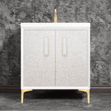 Linkasink - MOTHER OF PEARL with 8'' Artisan Glass Prism Hardware 30'' Wide Vanity, White, Satin Brass Hardware, 30'' x 22'' x 33.5'' (without vanity top) - Satin Brass with White Prism Glass