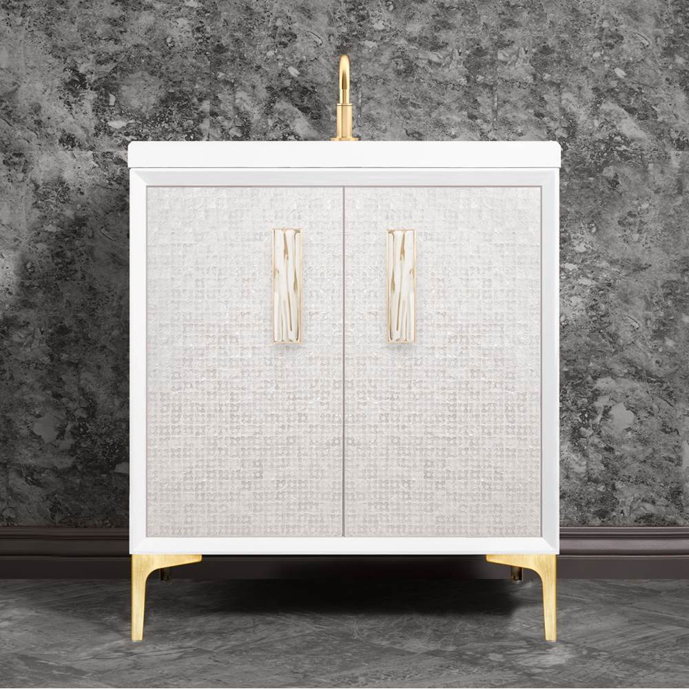 Linkasink - Mother of Pearl with 8'' White Tiger Artisan Glass Prism, 30'' Wide Vanity, White, Satin Brass Hardware with White Glass, 30'' x 22'' x 33.5'' (without vanity top) - Satin Brass with White Tiger Prism Glass