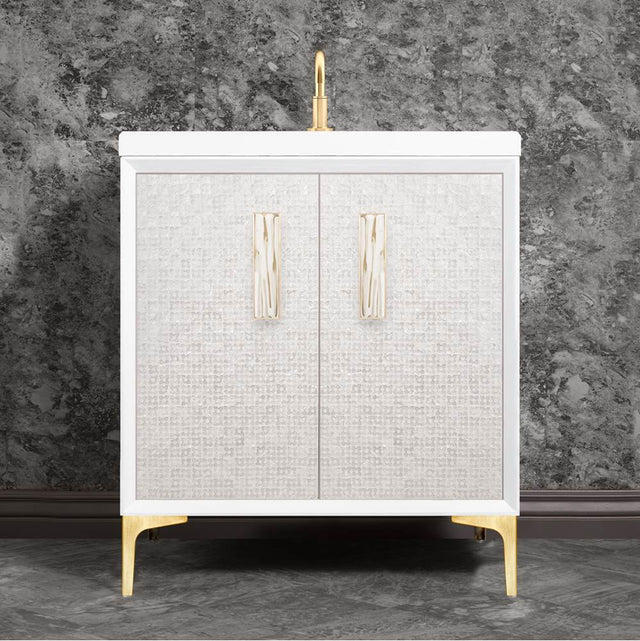 Linkasink - Mother of Pearl with 8'' White Tiger Artisan Glass Prism, 30'' Wide Vanity, White, Satin Brass Hardware with White Glass, 30'' x 22'' x 33.5'' (without vanity top) - Satin Brass with White Tiger Prism Glass