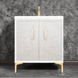 Linkasink - Mother of Pearl with 8'' White Tiger Artisan Glass Prism, 30'' Wide Vanity, White, Satin Brass Hardware with White Glass, 30'' x 22'' x 33.5'' (without vanity top) - Satin Brass with White Tiger Prism Glass