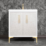 Linkasink - MOTHER OF PEARL with 8'' Artisan Glass Prism Hardware 30'' Wide Vanity, White, Satin Brass Hardware, 30'' x 22'' x 33.5'' (without vanity top) - Satin Brass with Eglomise Prism Glass