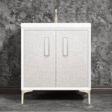Linkasink - MOTHER OF PEARL with 8'' Artisan Glass Prism Hardware 30'' Wide Vanity, White, Satin Nickel Hardware, 30'' x 22'' x 33.5'' (without vanity top) - Satin Nickel with White Prism Glass