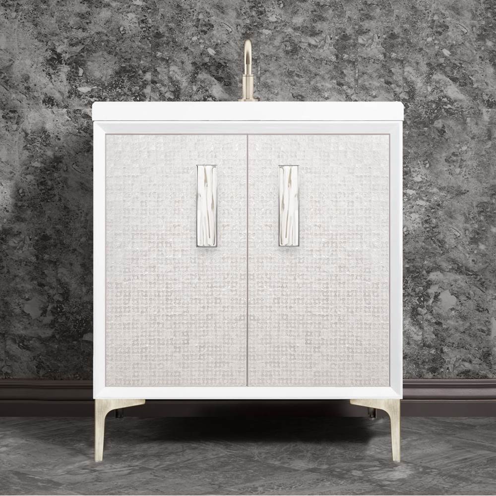 Linkasink - MOTHER OF PEARL with 8'' Artisan Glass Prism Hardware 30'' Wide Vanity, White, Satin Nickel Hardware, 30'' x 22'' x 33.5'' (without vanity top) - Satin Nickel with White Tiger Prism Glass