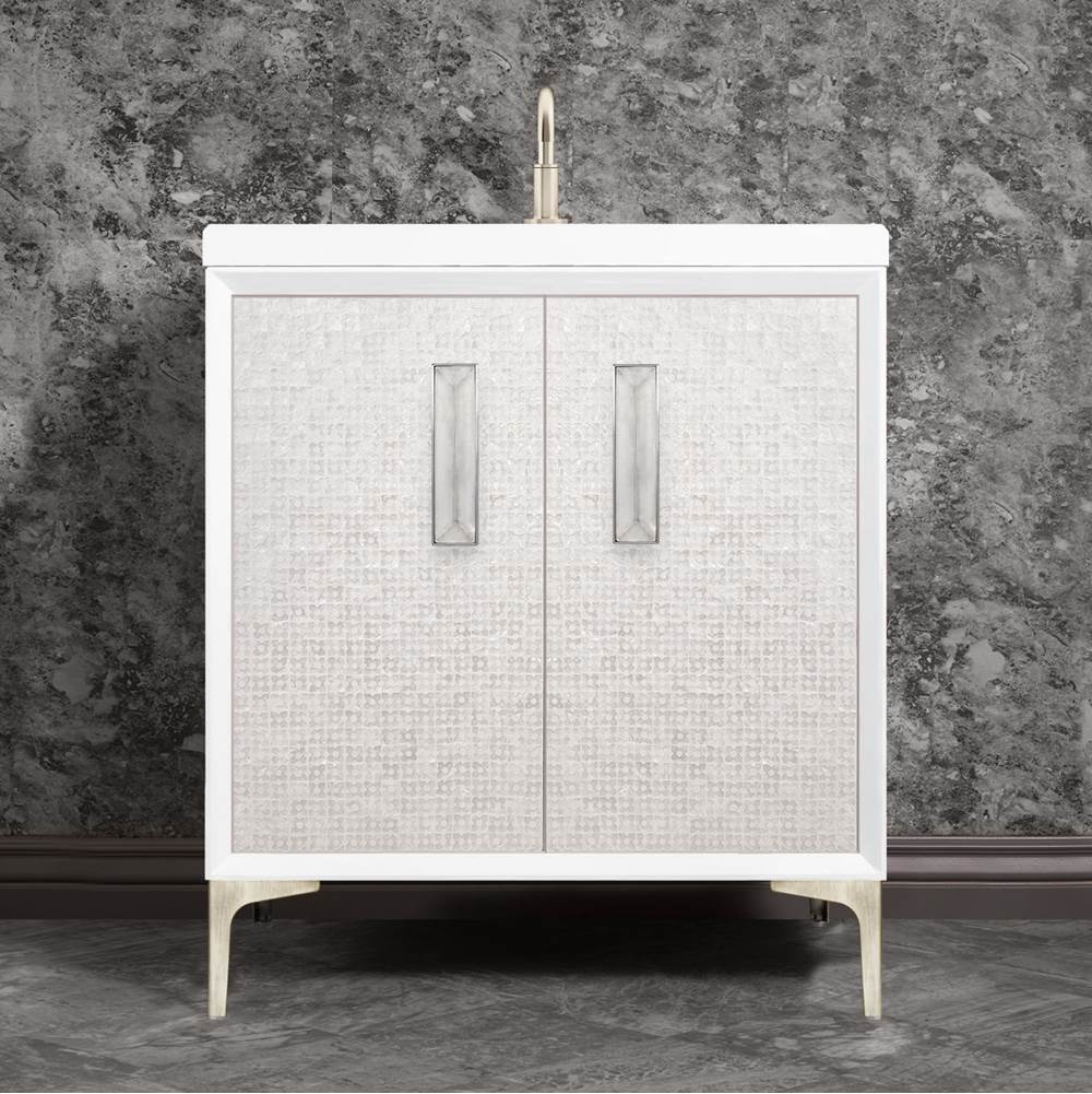 Linkasink - MOTHER OF PEARL with 8'' Artisan Glass Prism Hardware 30'' Wide Vanity, White, Satin Nickel Hardware, 30'' x 22'' x 33.5'' (without vanity top) - Satin Nickel with Ã‰glomisÃ© Prism Glass