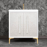 Linkasink - MOTHER OF PEARL with 18'' Artisan Glass Prism Hardware 30'' Wide Vanity, White, Polished Brass Hardware, 30'' x 22'' x 33.5'' (without vanity top) - Polished Brass with White Prism Glass