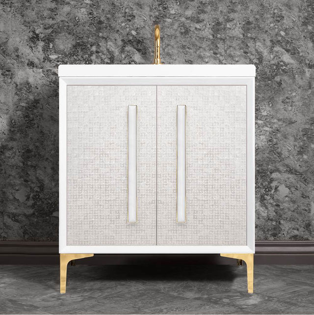 Linkasink - MOTHER OF PEARL with 18'' Artisan Glass Prism Hardware 30'' Wide Vanity, White, Polished Brass Hardware, 30'' x 22'' x 33.5'' (without vanity top) - Polished Brass with White Prism Glass