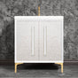 Linkasink - MOTHER OF PEARL with 18'' Artisan Glass Prism Hardware 30'' Wide Vanity, White, Polished Brass Hardware, 30'' x 22'' x 33.5'' (without vanity top) - Polished Brass with White Prism Glass