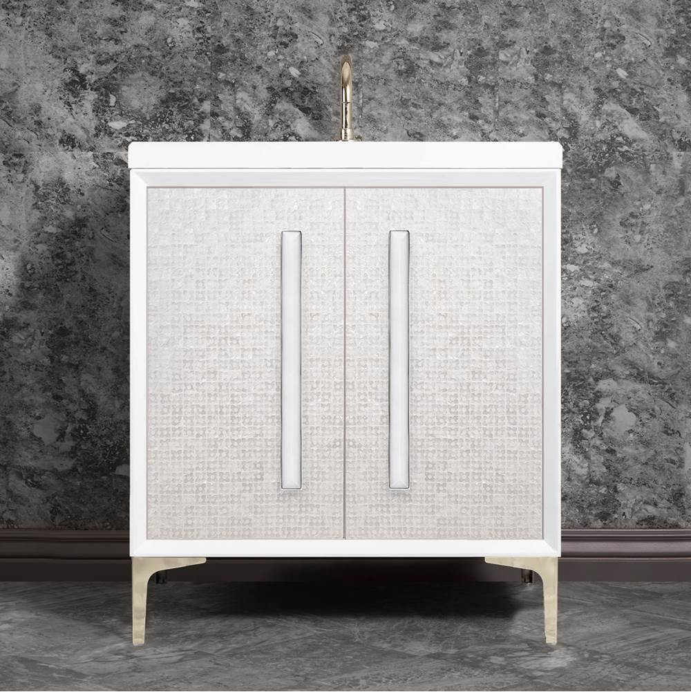 Linkasink - MOTHER OF PEARL with 18'' Artisan Glass Prism Hardware 30'' Wide Vanity, White, Polished Nickel Hardware, 30'' x 22'' x 33.5'' (without vanity top) - Polished Nickel with White Prism Glass
