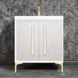 Linkasink - MOTHER OF PEARL with 18'' Artisan Glass Prism Hardware 30'' Wide Vanity, White, Satin Brass Hardware, 30'' x 22'' x 33.5'' (without vanity top) - Satin Brass with White Prism Glass