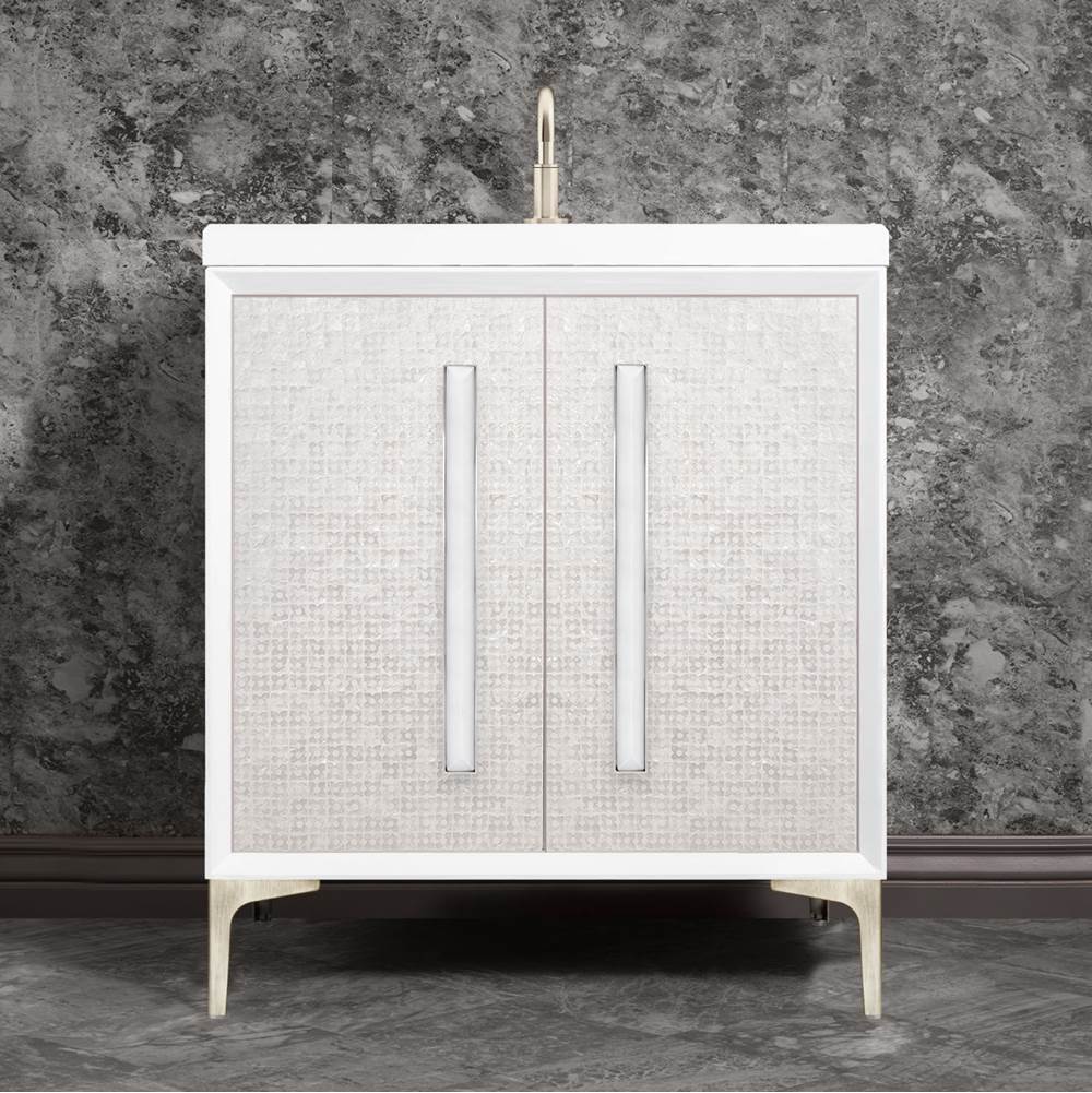 Linkasink - MOTHER OF PEARL with 18'' Artisan Glass Prism Hardware 30'' Wide Vanity, White, Satin Nickel Hardware, 30'' x 22'' x 33.5'' (without vanity top) - Satin Nickel with White Prism Glass